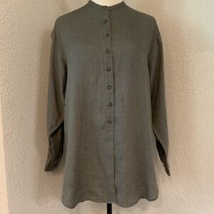 St Michael Marks & Spencer Green 100% Linen Tunic Top Button Long Sleeve US Sz 6